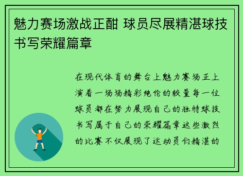 魅力赛场激战正酣 球员尽展精湛球技书写荣耀篇章