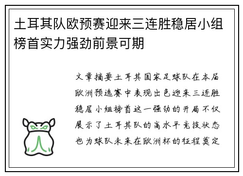 土耳其队欧预赛迎来三连胜稳居小组榜首实力强劲前景可期