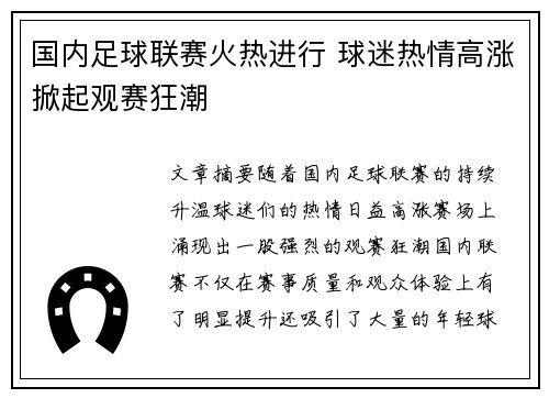 国内足球联赛火热进行 球迷热情高涨掀起观赛狂潮