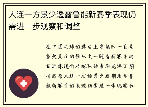 大连一方景少透露鲁能新赛季表现仍需进一步观察和调整