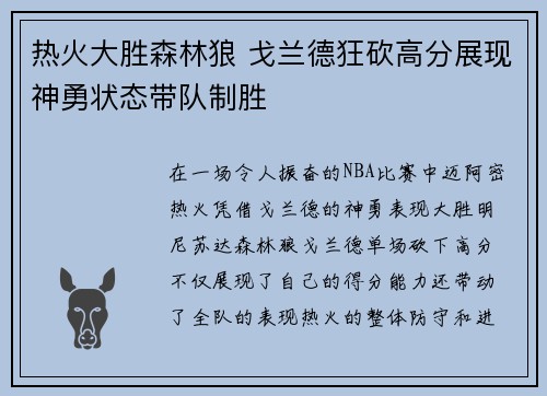 热火大胜森林狼 戈兰德狂砍高分展现神勇状态带队制胜