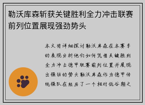 勒沃库森斩获关键胜利全力冲击联赛前列位置展现强劲势头